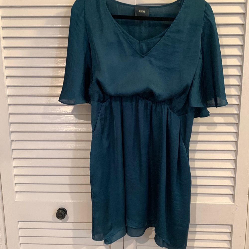 Maeve teal satin dress from Anthropology. Worn 2x.